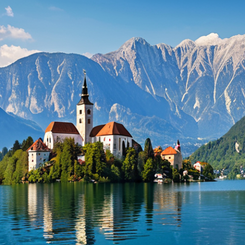 Home 4 A picturesque view of Lake Bled in Slovenia, showcasing its iconic island church and surrounding Julian Alps, with an emphasis on budget-friendly travel elements like a visible Ryanair airplane in the sky and backpackers enjoying the scenery.