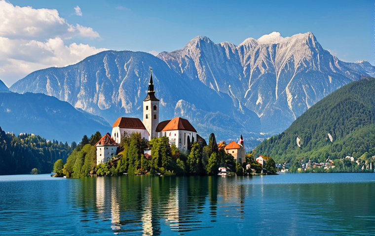 A picturesque view of Lake Bled in Slovenia, showcasing its iconic island church and surrounding Julian Alps, with an emphasis on budget-friendly travel elements like a visible Ryanair airplane in the sky and backpackers enjoying the scenery.