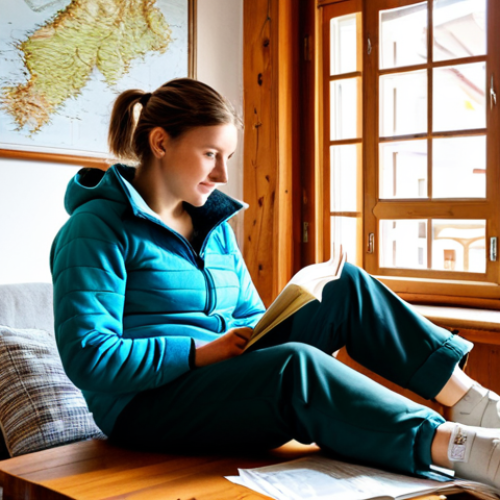 Home 14 Budget-Conscious Traveler Planning in Slovenia**
A woman, fully clothed in travel attire (comfortable hiking pants and a fleece jacket), sits at a rustic wooden table covered with maps, guidebooks, and handwritten notes in a cozy Slovenian guesthouse. A laptop displays a spreadsheet of travel expenses. A half-eaten sandwich and a cup of coffee sit nearby. The scene is lit by warm, natural light streaming through a window overlooking a small, charming town. Safe for work, appropriate content, modest, professional photography, perfect anatomy, natural proportions.
**