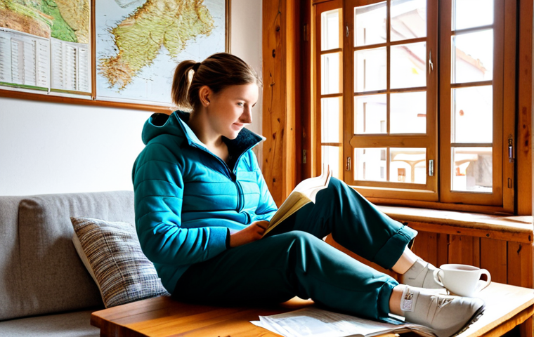 Budget-Conscious Traveler Planning in Slovenia**
A woman, fully clothed in travel attire (comfortable hiking pants and a fleece jacket), sits at a rustic wooden table covered with maps, guidebooks, and handwritten notes in a cozy Slovenian guesthouse. A laptop displays a spreadsheet of travel expenses. A half-eaten sandwich and a cup of coffee sit nearby. The scene is lit by warm, natural light streaming through a window overlooking a small, charming town. Safe for work, appropriate content, modest, professional photography, perfect anatomy, natural proportions.
**